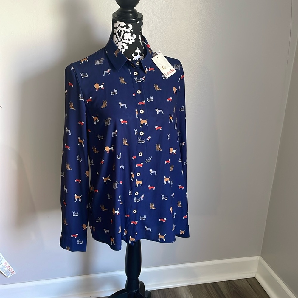 Manzie Dog Pattern Louche Navy Size 14 Blouse with Gold & Pearl Buttons - London
